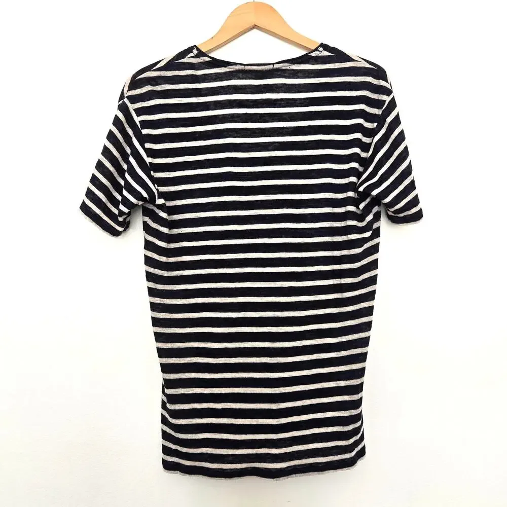 Burberry Brit Linen Pocket T-Shirt V-Neck Short Sleeve Navy Stripe Size M - Picture 2 of 6